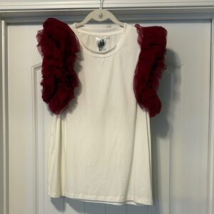 QUEEN OF SPARKLES White Top with Red Ruffle Sleeves